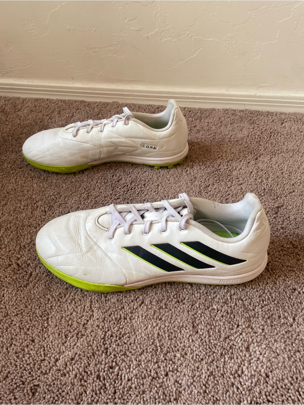 Adidas White, Black, And Green Turf Cleats View 2